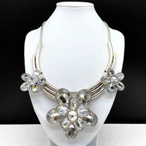 Clear Rhinestone Flower Statement Necklace Silver